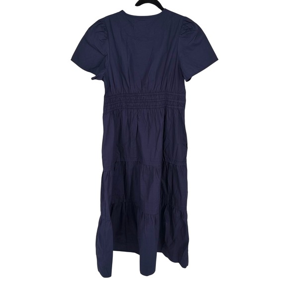 Quince 100% Organic Cotton Poplin Tiered Maxi Dress Women's L Navy Smocked Boho - Picture 4 of 14